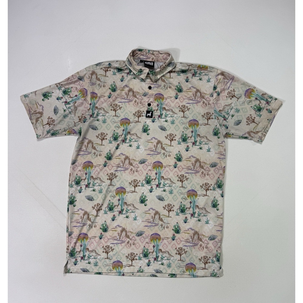 Lofty Llama Mens Small Mushroom Trippy Golf Polo UFO Desert Cactus Alien Shirt